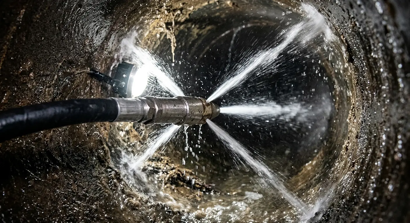 High-pressure hydro jetting nozzle cleaning sewer pipe for Sewer Cleanout in Brownwood