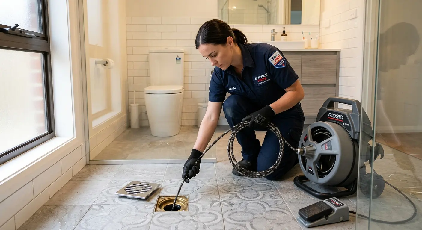 Technician clearing a bathroom floor drain for Drain Cleaning in Brownwood